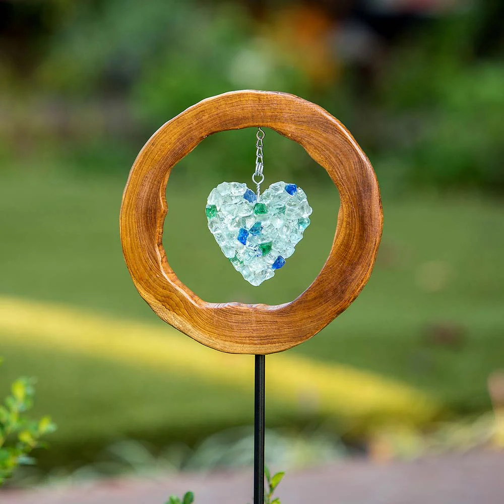 Teak Slab w/ Glass Heart Garden Stake Set of 4 By Garden Age Supply
