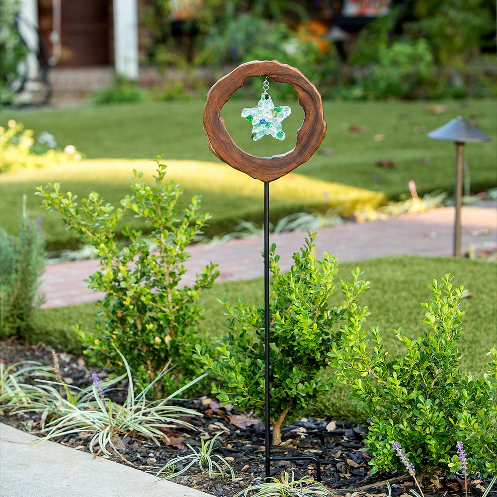 Teak Slab w/ Glass Star Garden Stake Set of 4 By Garden Age Supply - Image 2