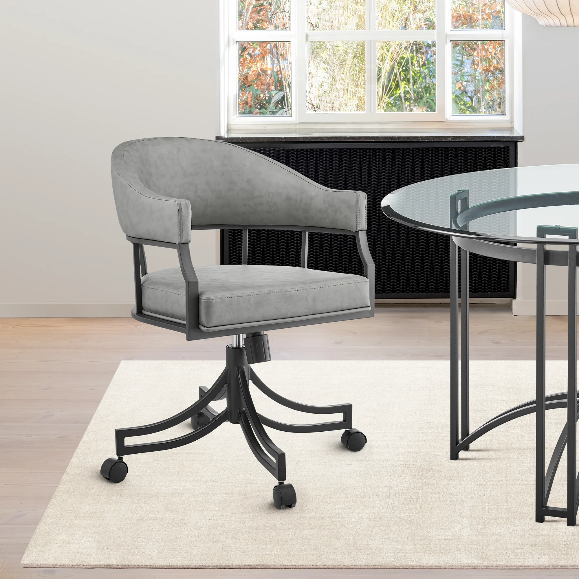 Tibet Swivel Tilt Rolling Dining Chair with Matte Black Iron and Vintage Gray Faux Leather By Armen Living