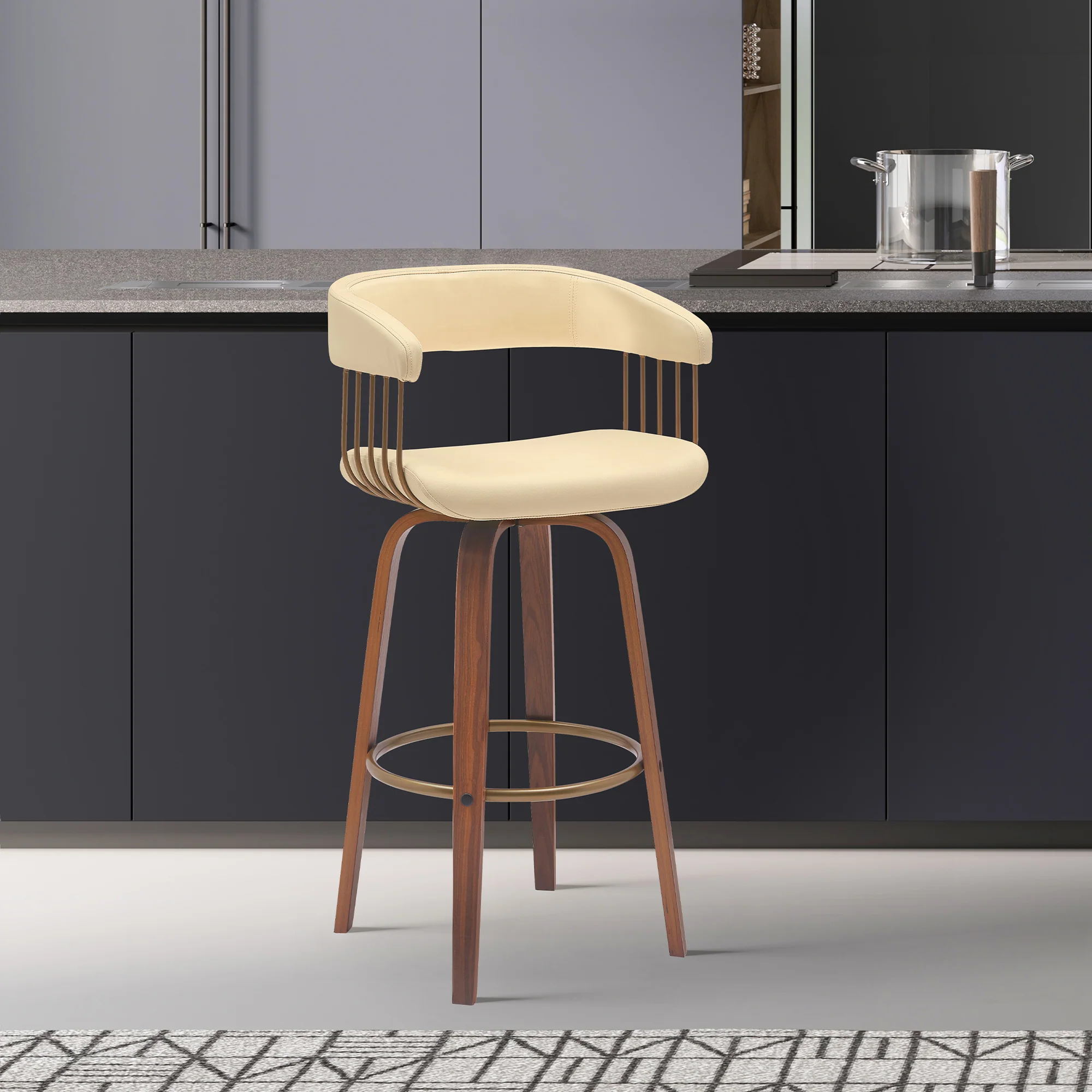 Topanga 30.5" Swivel Walnut Wood Bar Stool in Cream Faux Leather with Golden Bronze Metal By Armen Living