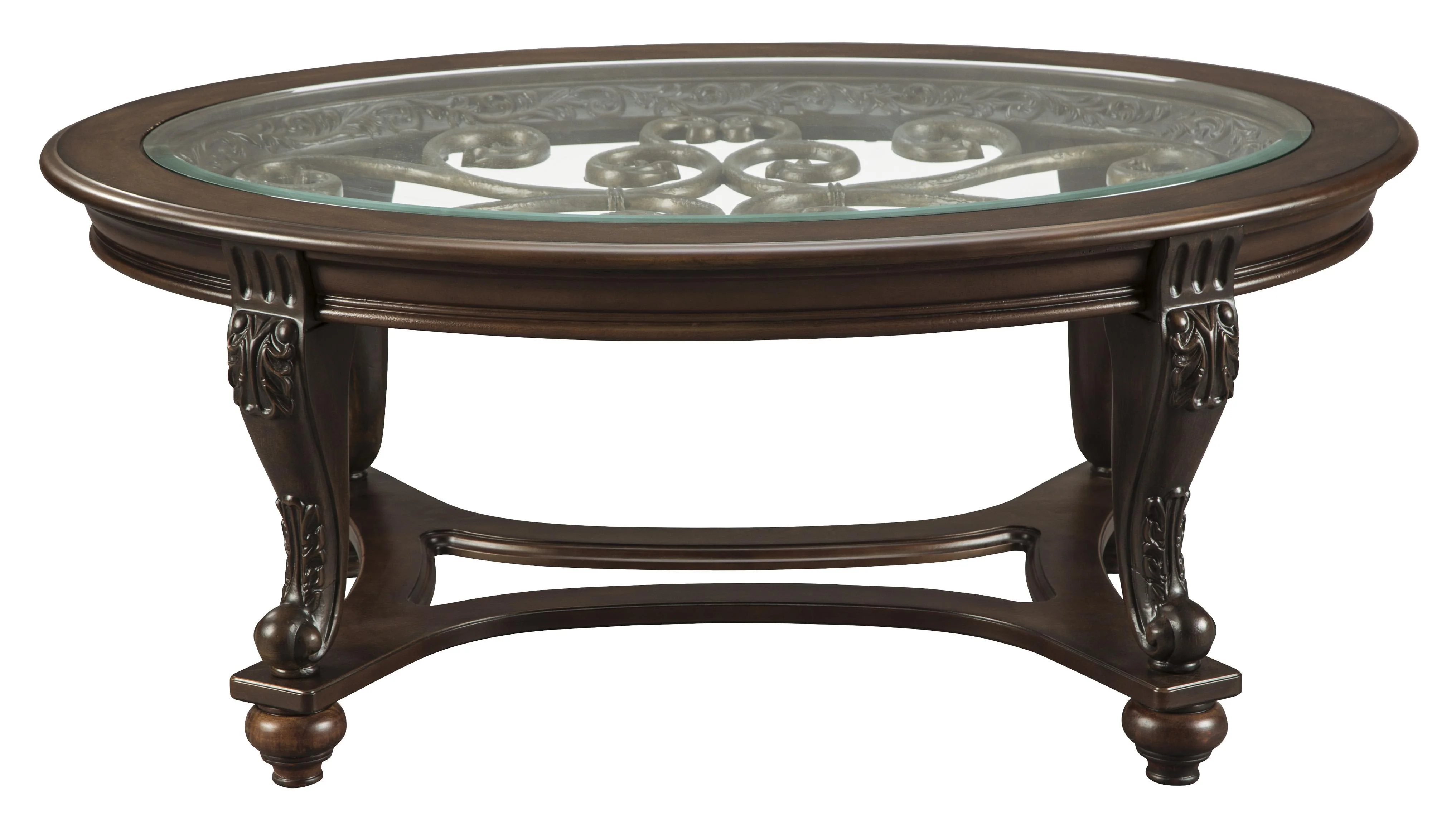 Traditional Wooden Oval Cocktail Table With Glass Top And Bun Feet, Brown By Benzara