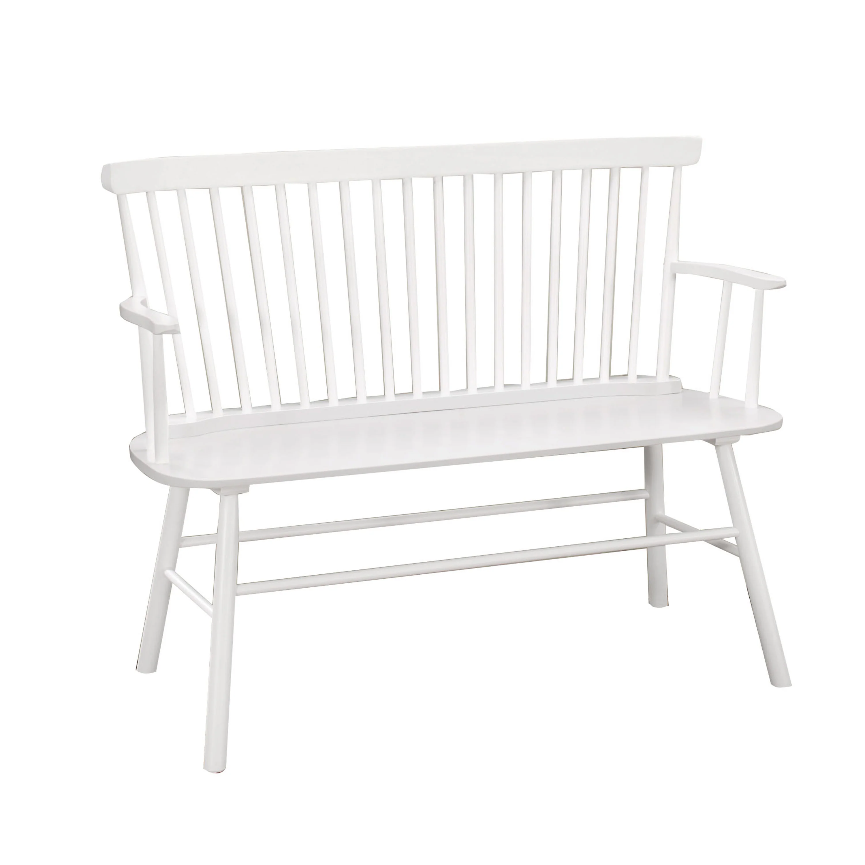Transitional Curved Design Spindle Back Bench with Splayed Legs,White By Benzara
