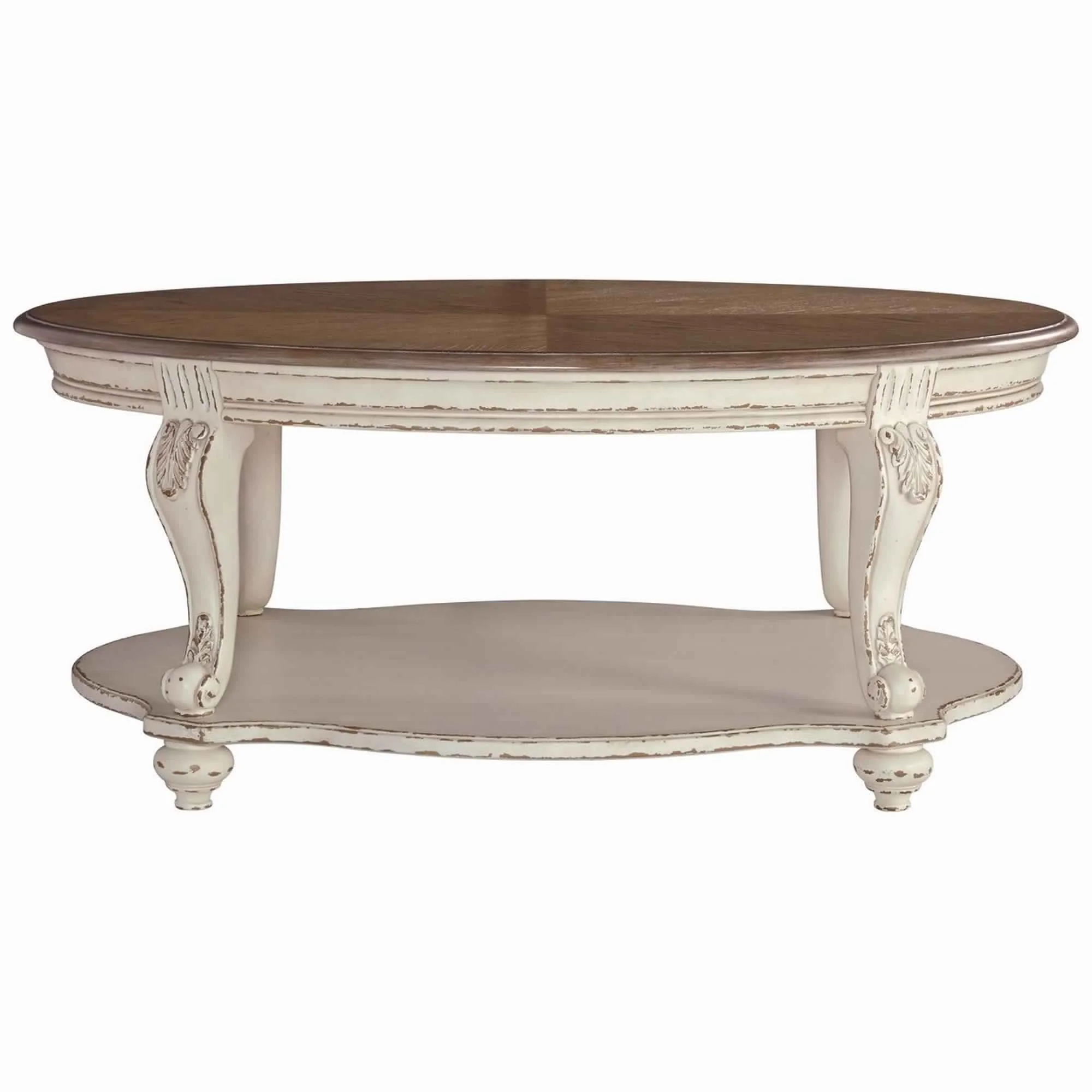 Two Tone Oval Cocktail Table with Bottom Shelf, Antique White and Brown By Benzara