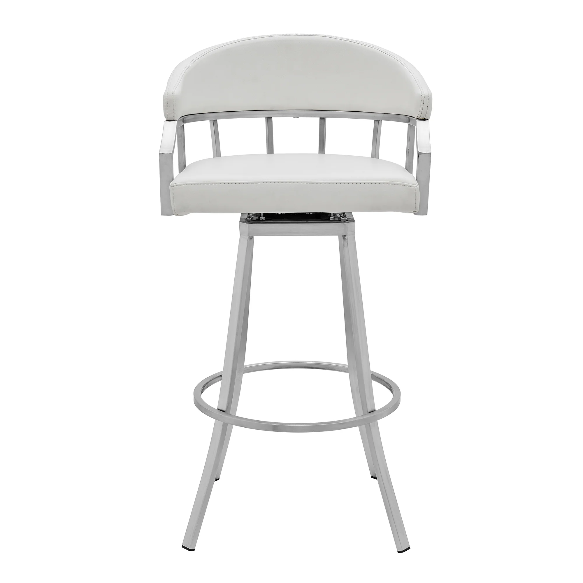 Valerie 30" Bar Height Swivel Modern White Faux Leather Bar and Counter Stool in Brushed Stainless Steel Finish By Armen Living - Image 3