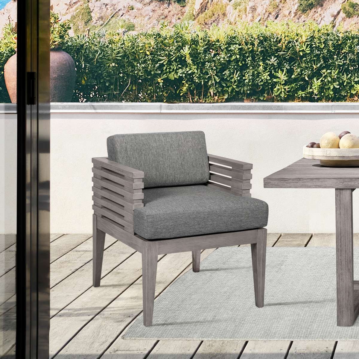 Vivid Outdoor Patio Dining Chair in Gray Eucalyptus Wood with Gray Olefin Cushions By Armen Living