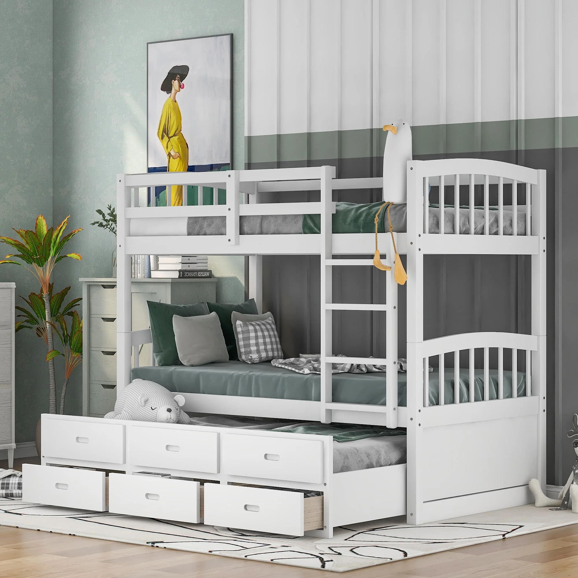 White Twin Over Twin Bunk Bed With Trundle And Drawers By Homeroots