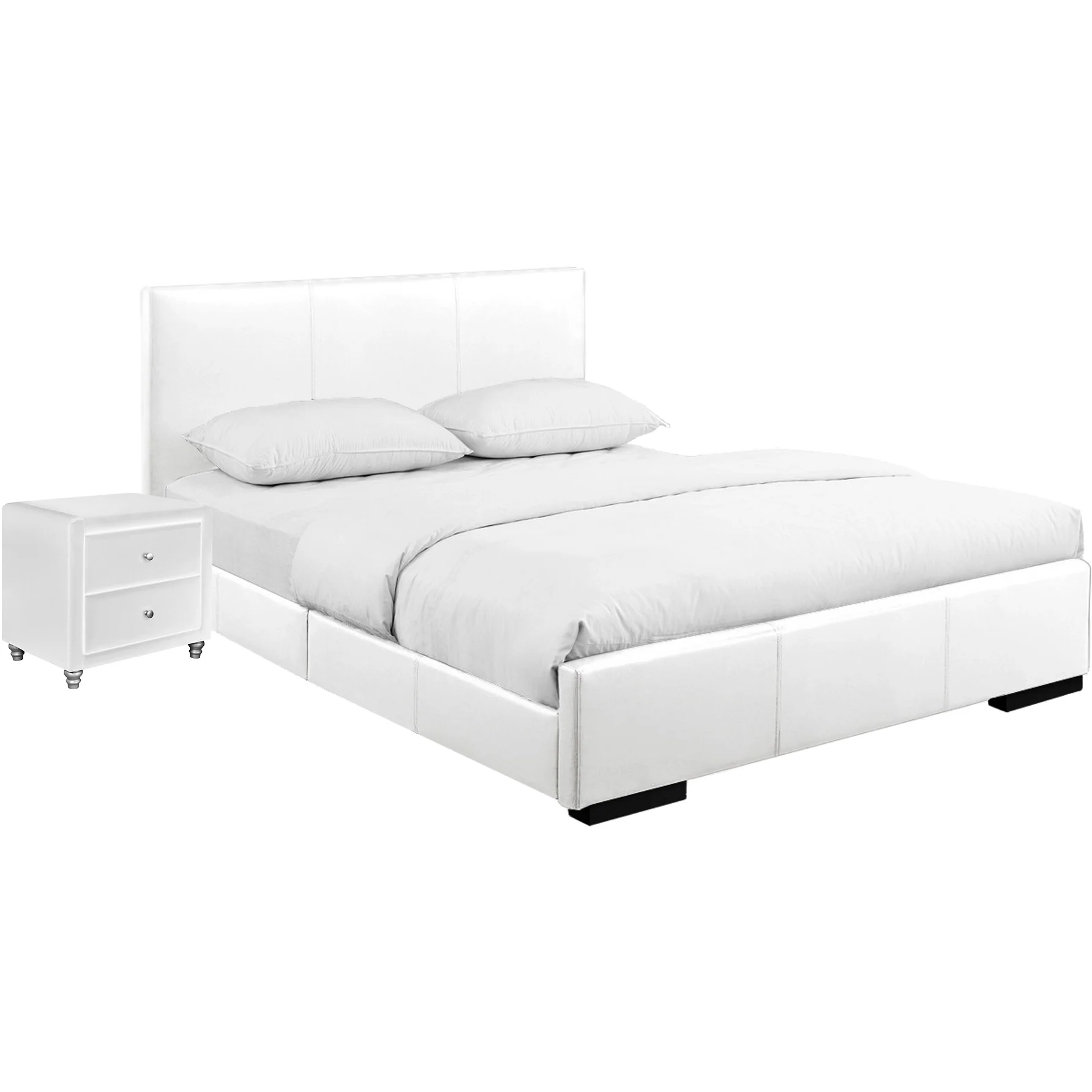 White Upholstered Full Platform Bed With Nightstand By Homeroots - Image 3