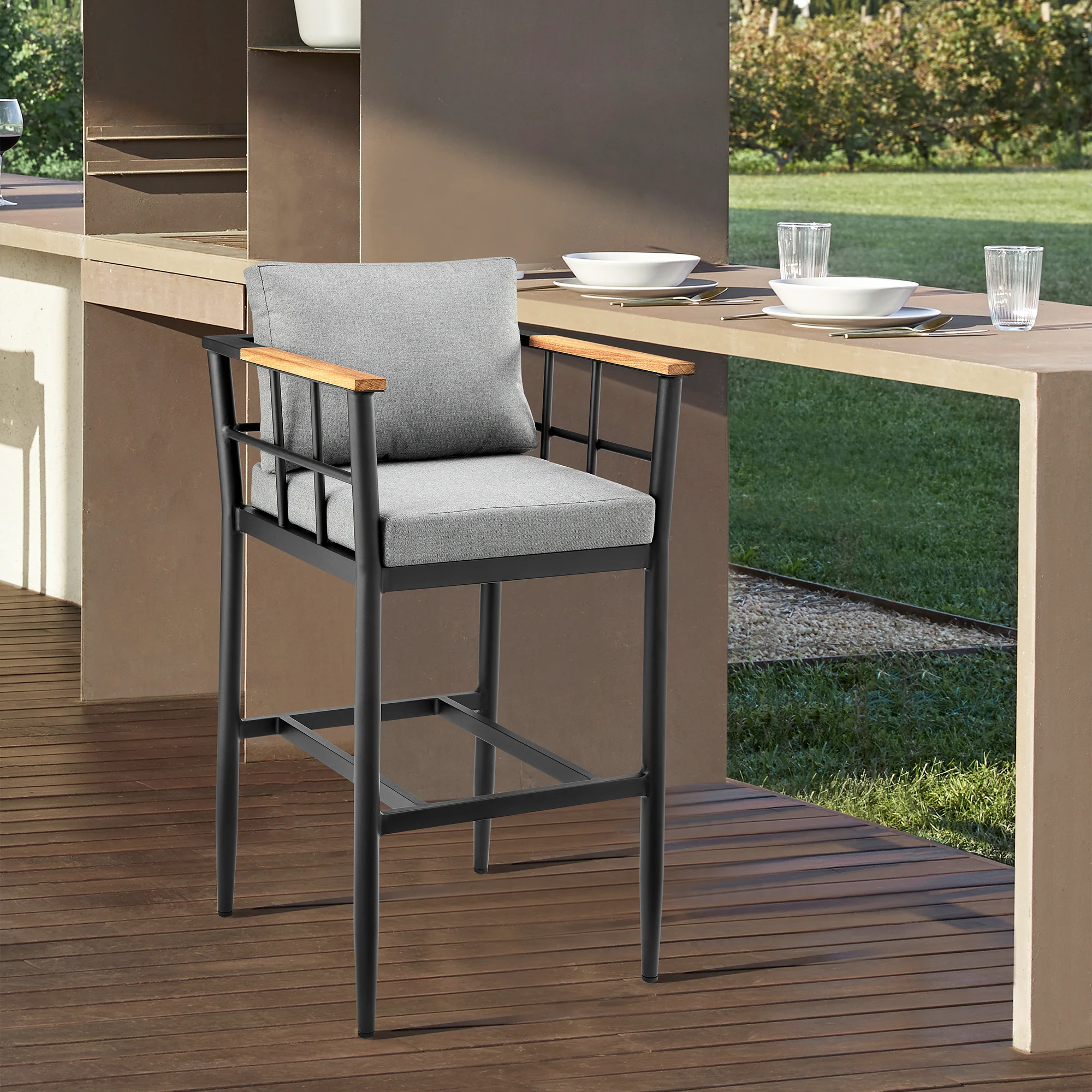 Wiglaf Outdoor Patio Bar Stool in Aluminum and Teak with Grey Cushions By Armen Living