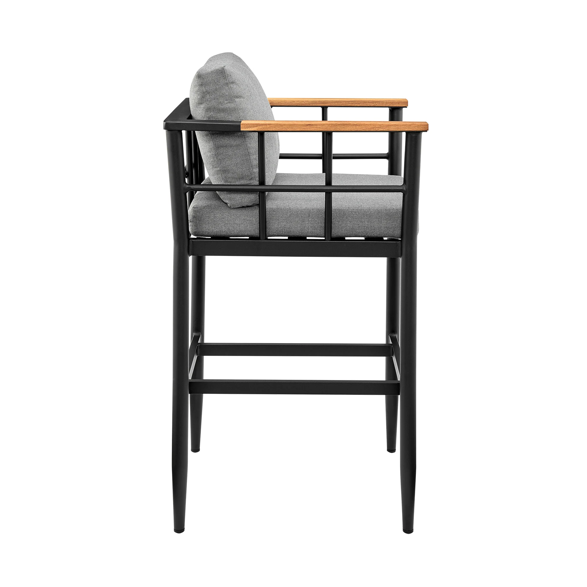 Wiglaf Outdoor Patio Bar Stool in Aluminum and Teak with Grey Cushions By Armen Living - Image 5