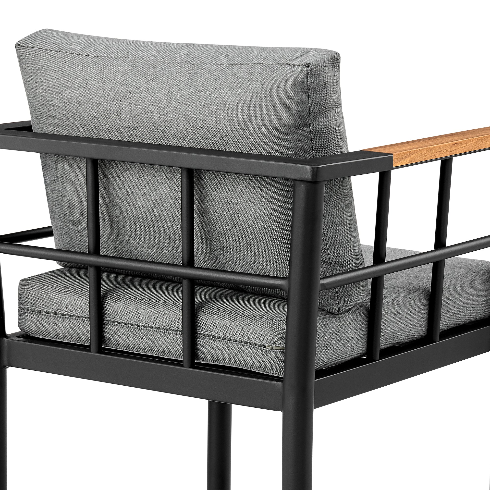 Wiglaf Outdoor Patio Bar Stool in Aluminum and Teak with Grey Cushions By Armen Living - Image 8