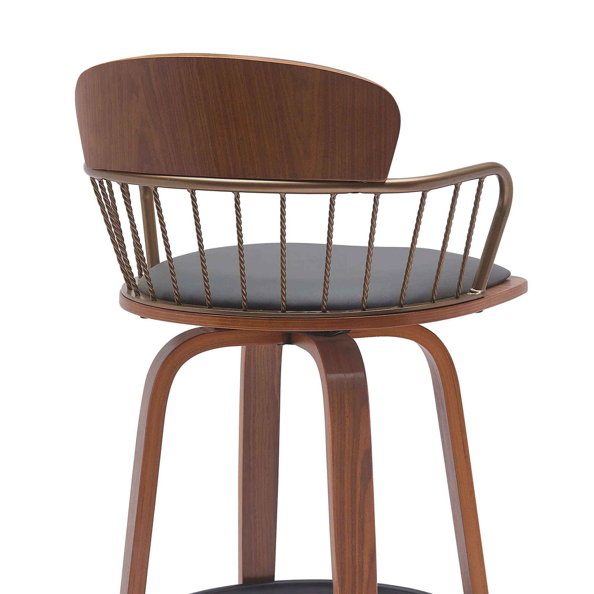 Willow 25.5" Swivel Walnut Wood Counter Stool in Gray Faux Leather with Golden Bronze Metal By Armen Living - Image 5