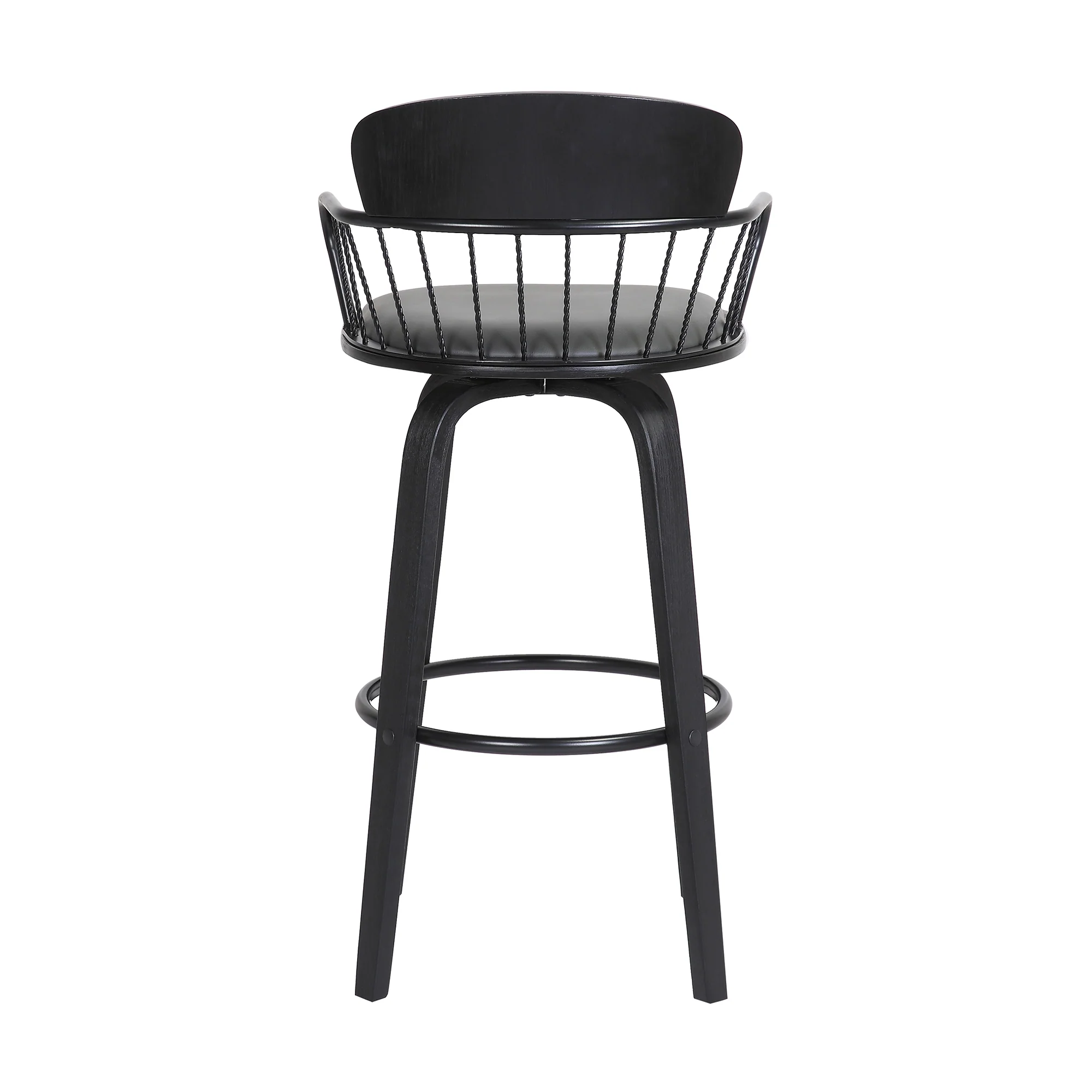 Willow 30" Swivel Black Wood Bar Stool in Grey Faux Leather with Black Metal By Armen Living - Image 6