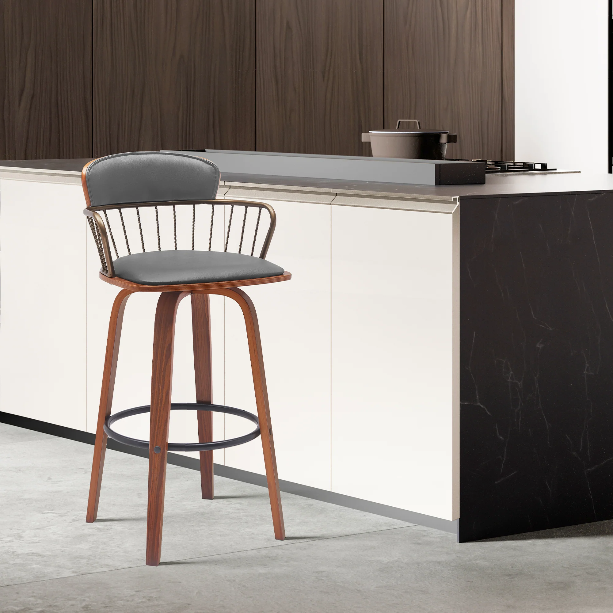 Willow 30" Swivel Walnut Wood Bar Stool in Gray Faux Leather with Golden Bronze Metal By Armen Living
