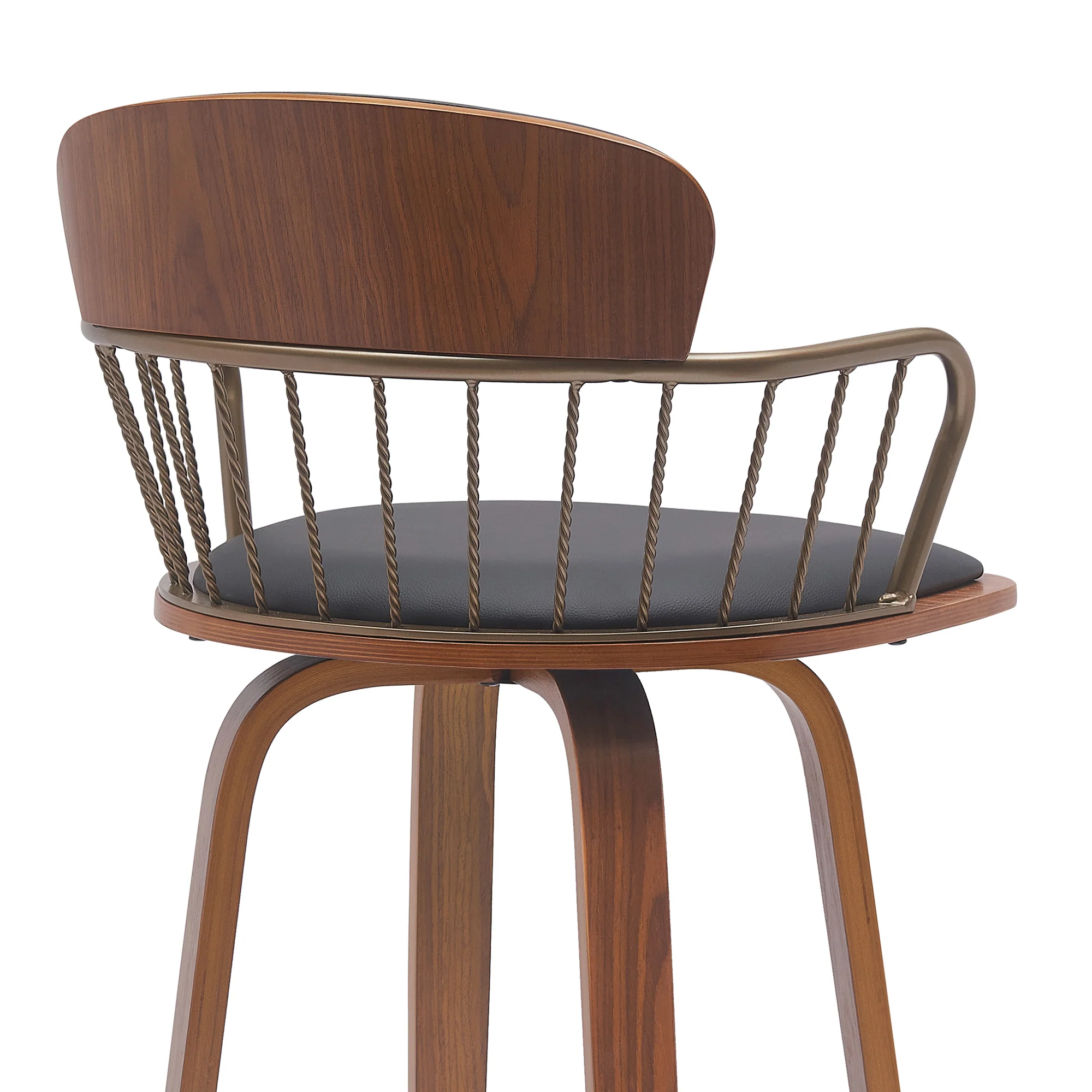 Willow 30" Swivel Walnut Wood Bar Stool in Gray Faux Leather with Golden Bronze Metal By Armen Living - Image 14