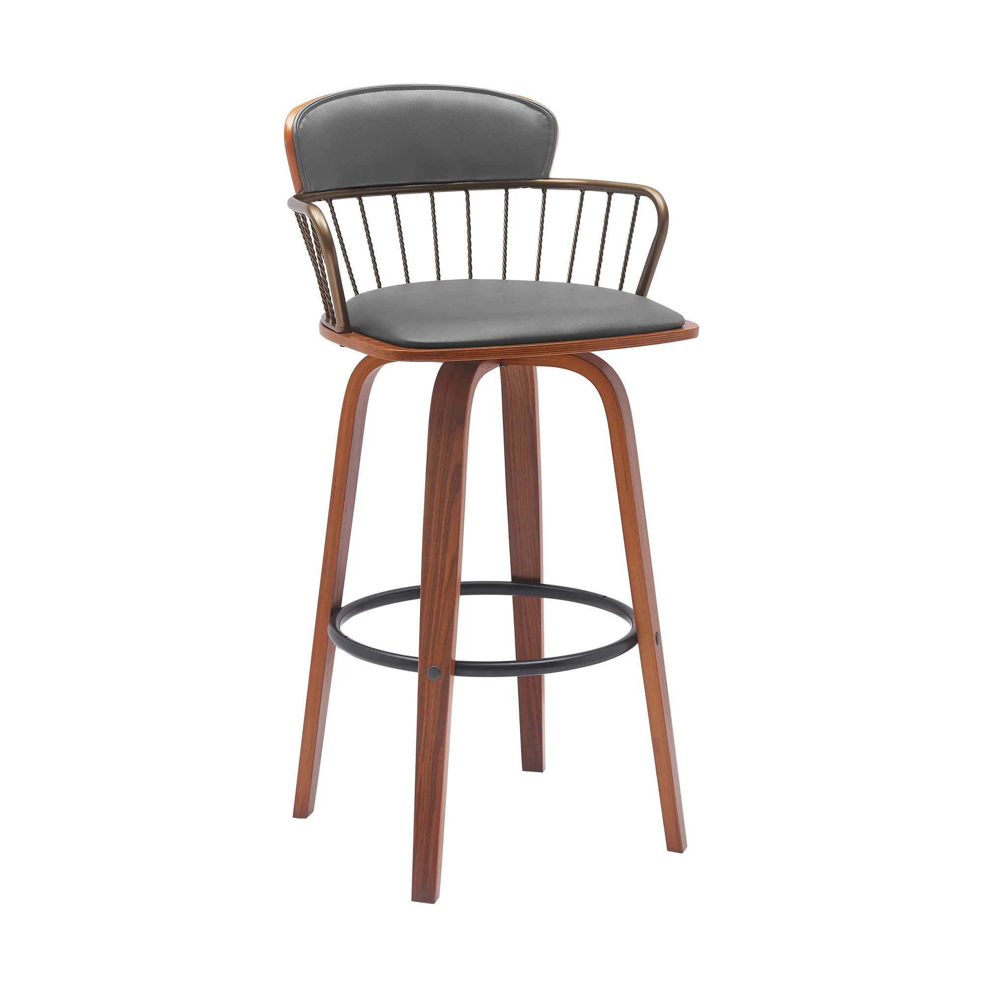 Willow 30" Swivel Walnut Wood Bar Stool in Gray Faux Leather with Golden Bronze Metal By Armen Living - Image 2