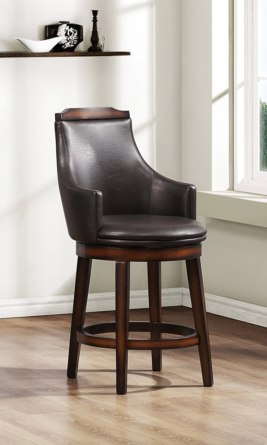 Wood & Leather Counter Height Chair With Swivel Mechanism, Brown & Black, Set Of 2 By Benzara