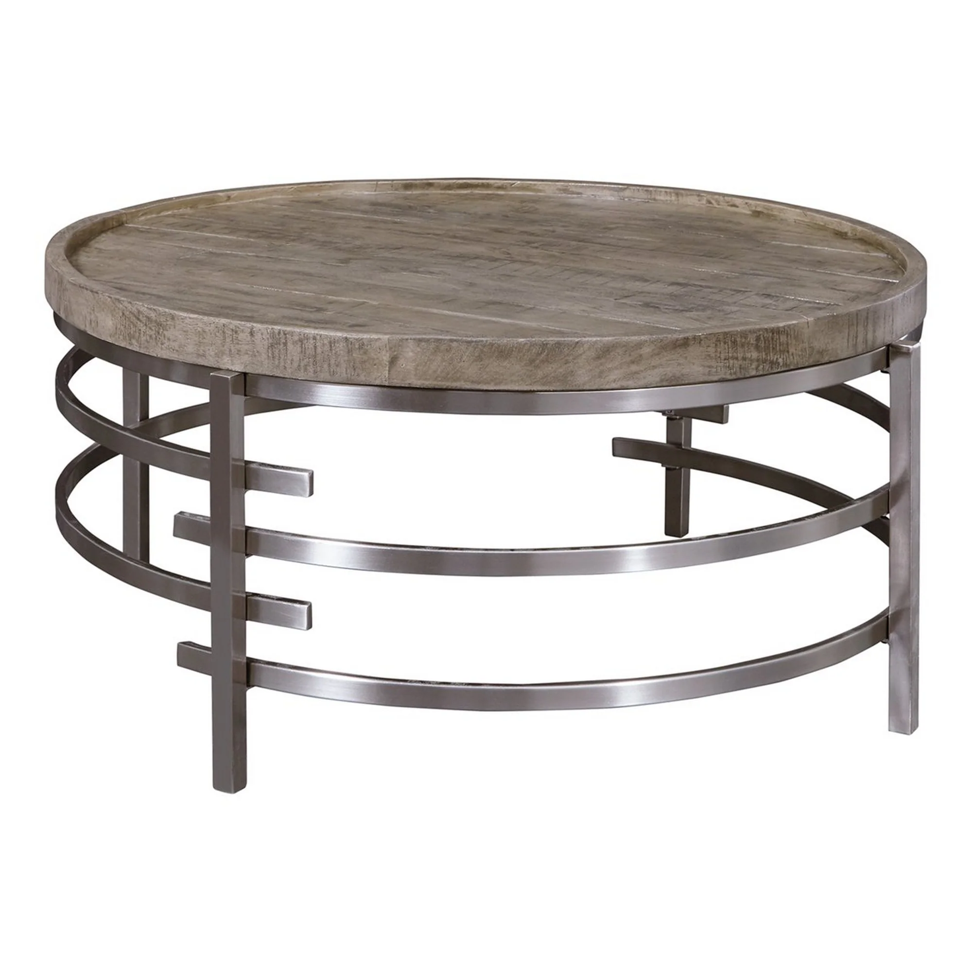 Wood Top Round Cocktail Table With Metal Base Brown And Gray By Benzara