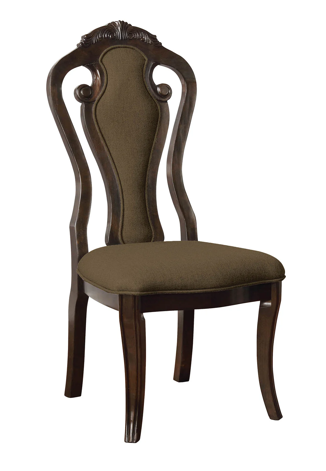 Wooden Fabric Upholstered Side Chair With Fiddle Backrest, Brown, Pack Of Two By Benzara