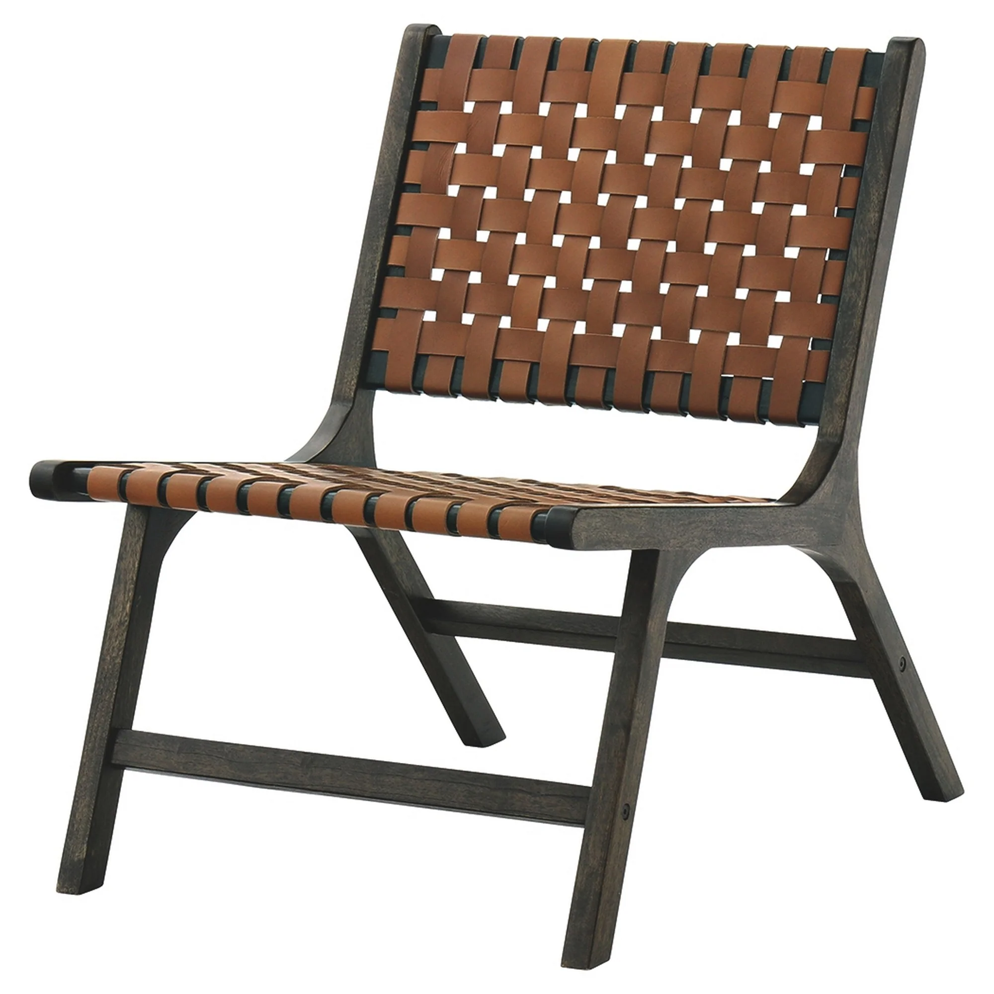Wooden Frame Accent Chair with Leather Stripe Woven Pattern, Brown By Benzara