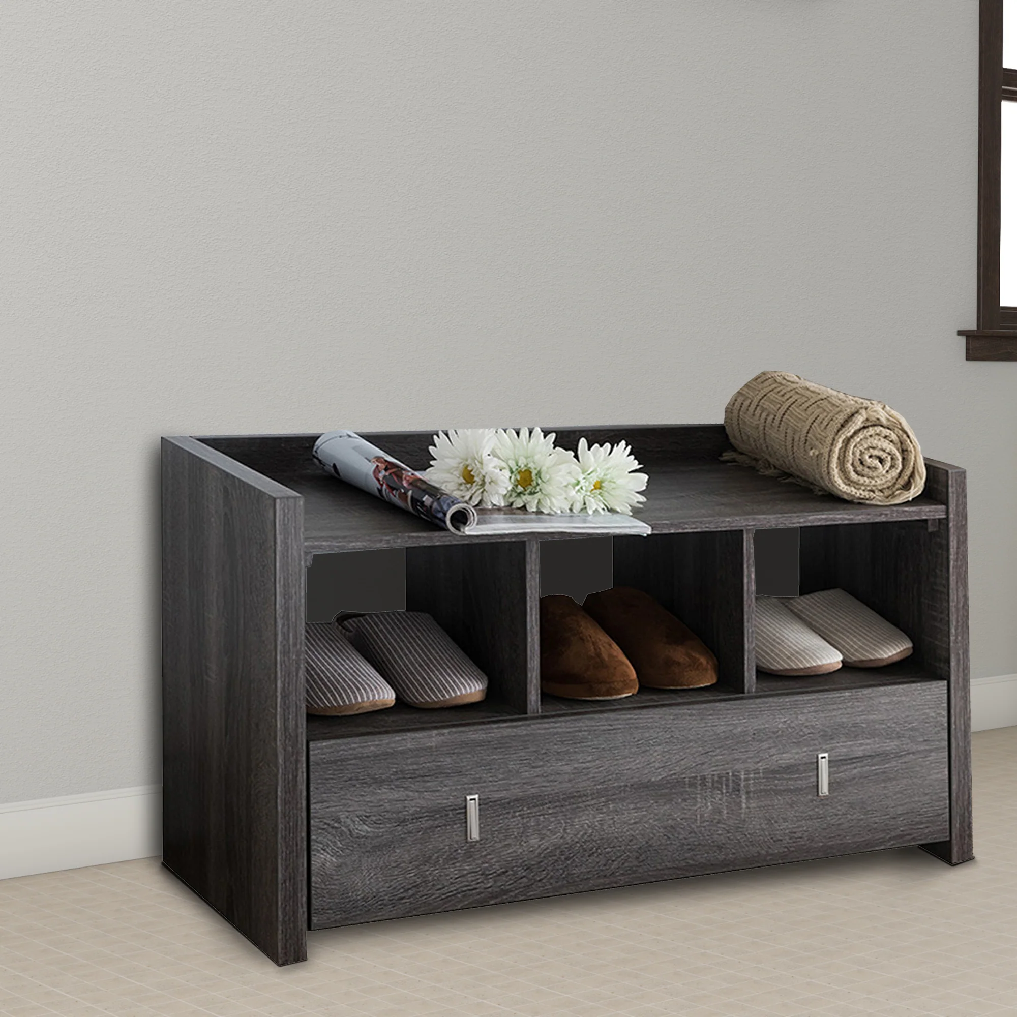Wooden Shoe Bench With 3 Shelves, Distressed Gray By Benzara