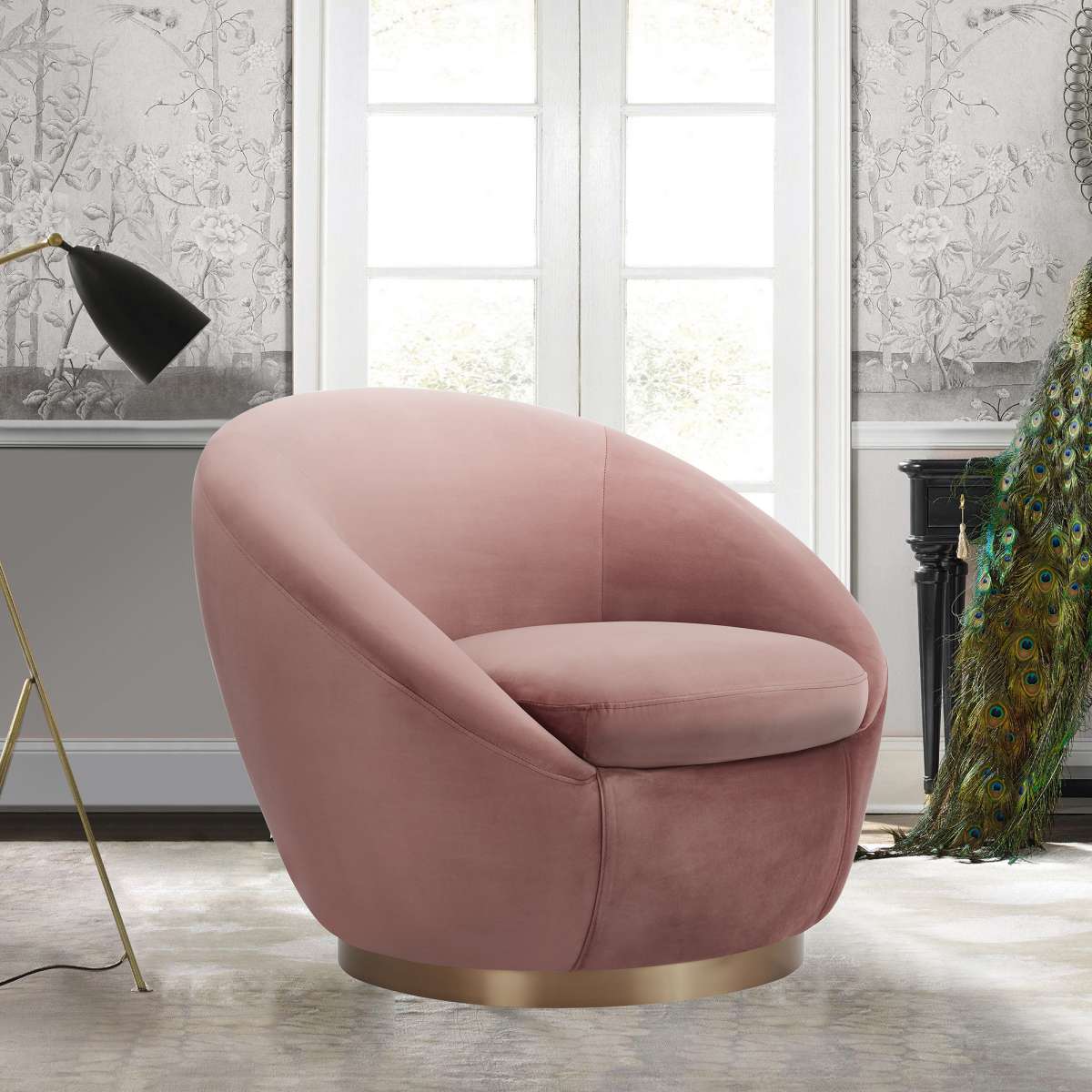 Yves Blush Velvet Swivel Accent Chair with Gold Base By Armen Living