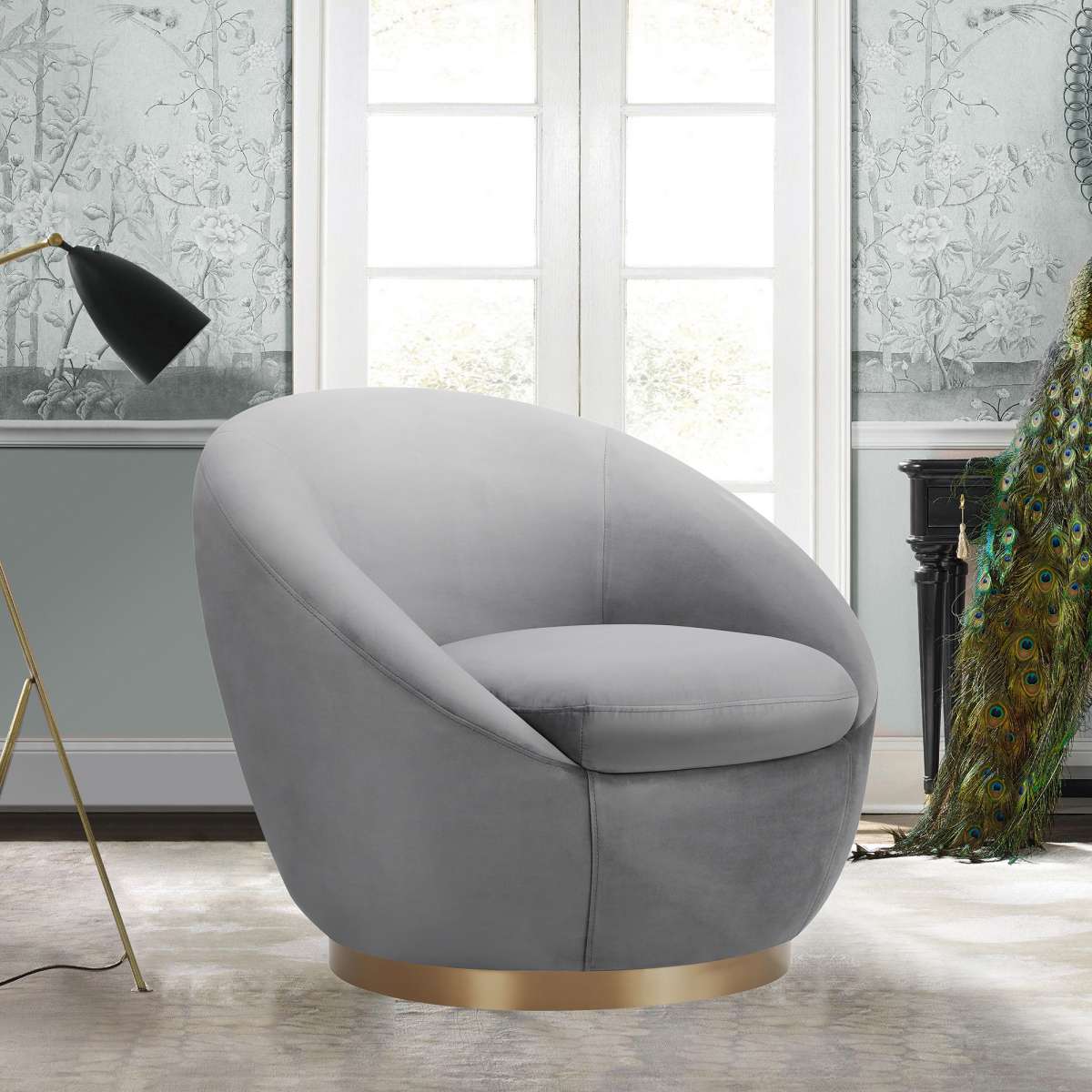 Yves Gray Velvet Swivel Accent Chair with Gold Base By Armen Living